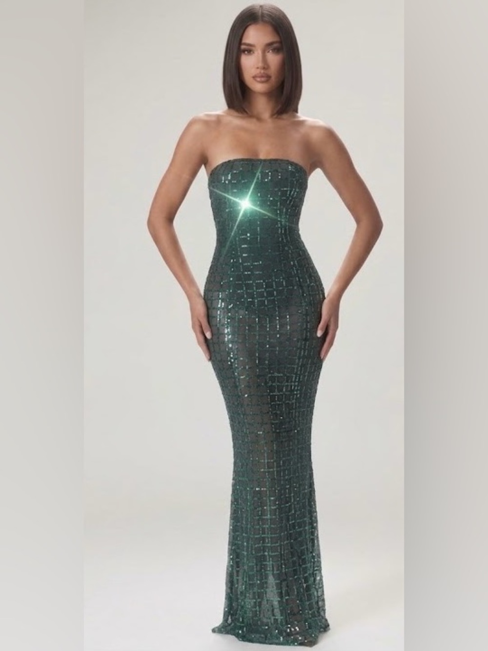 Oh Polly Strapless Emerald Green Embellished Mesh Evening Gown Marleni Sz O $180 - Picture 4 of 5